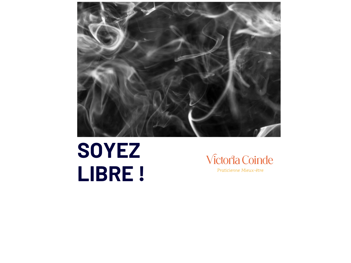 Volutes de fumée de cigarette sur fond noir, "Soyez libre!" : arrêter de fumer avec l'hypnose à Bouc-Bel-Air